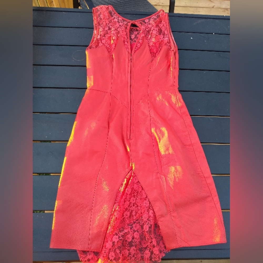 Vintage Verducci Red Leather & Lace Sleeveless Bodycon Dress, Size 6, - Picture 3 of 13